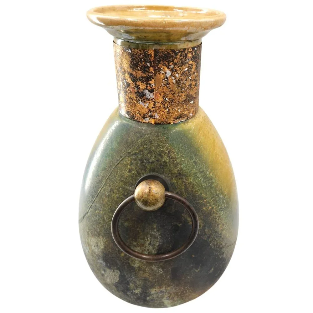 Vtg. Tony Evans Large Raku Vase Brass Handles Signed Spotted Glaze Metal Collar